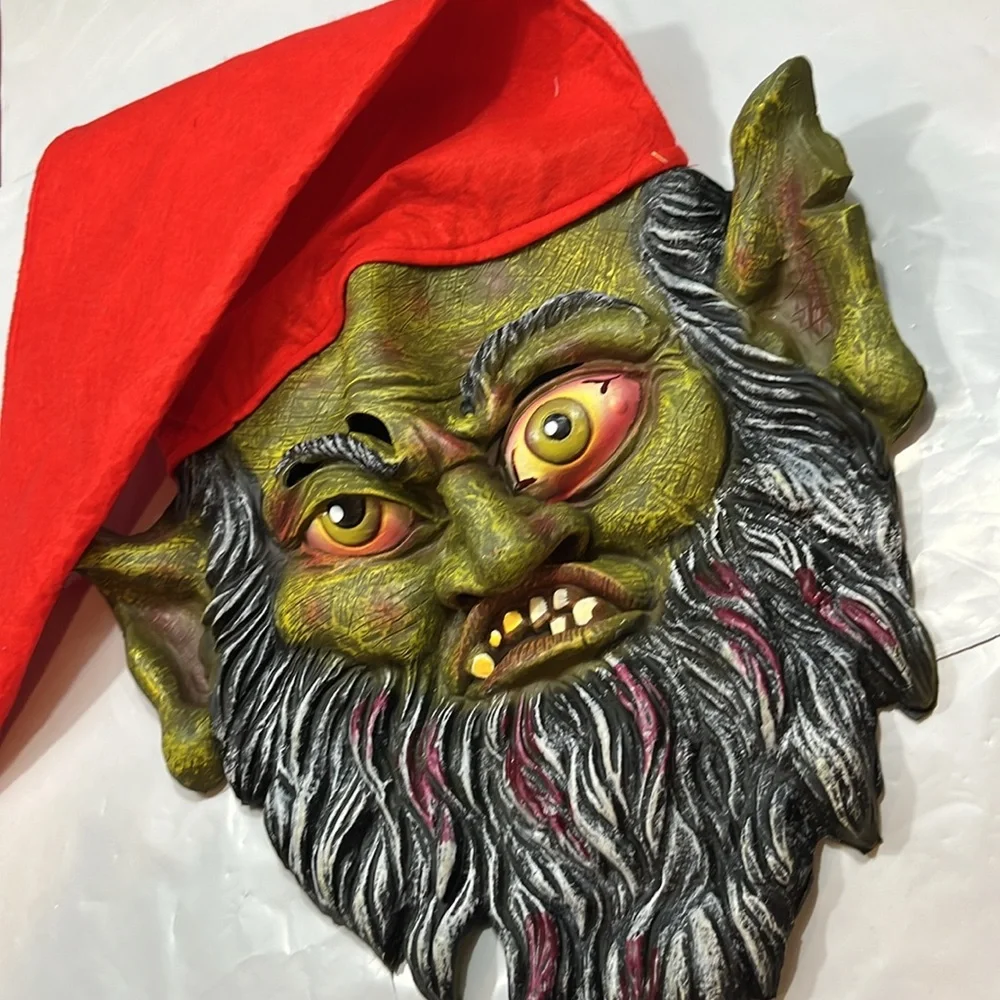 SCARY FACE horror mask GREEN GARDEN Gnome beard RED POINTY HAT Halloween monster
